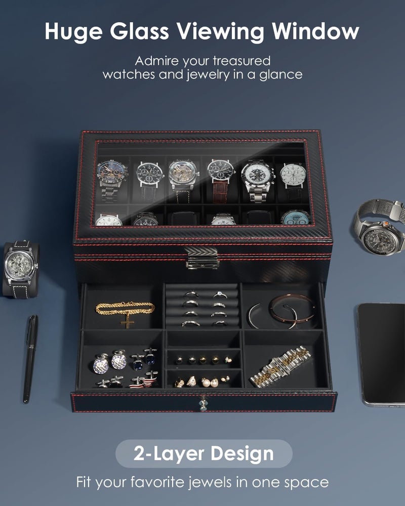 Kukikan Watch Box Jewelry Organizer, 12-Slot 2-Layer Watch Case Storage with Large Glass Lid, Watch Storage Case for Men with Lock, Watch Holder Display Case, Gift for Men Women - Image 3